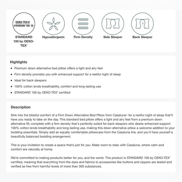King CASALUNA Firm Down Alternative Pillow Back Sleeper Side Sleeper Target NEW - Picture 5 of 7